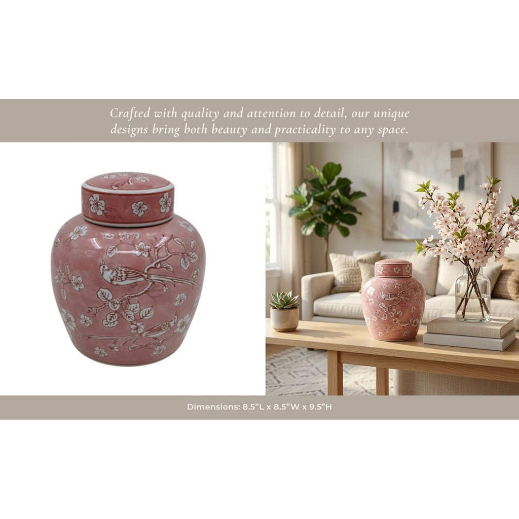 Decorative Jar - Pink Ceramic Chinoiserie with Lid, 10 in.