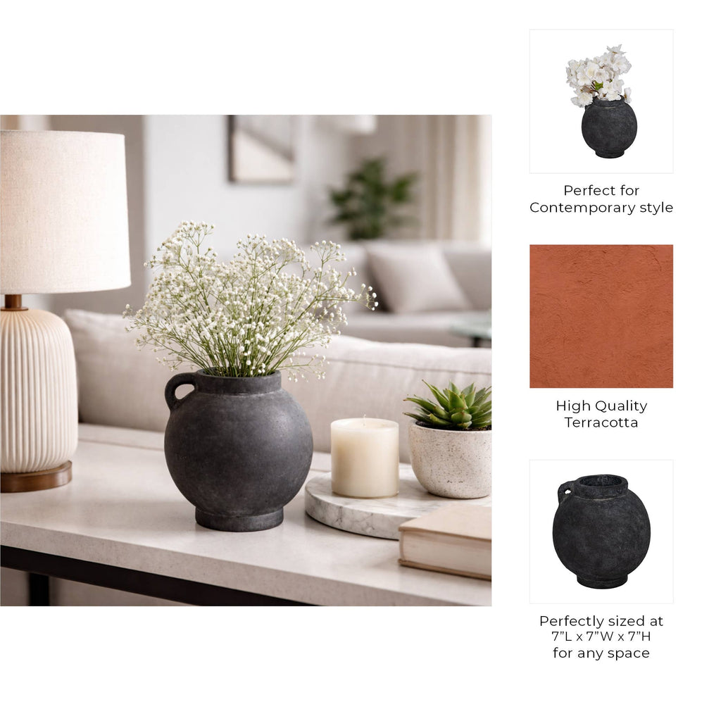 Decorative Vase - Black Ceramic Bulbous with Handle Jug, 7 in.