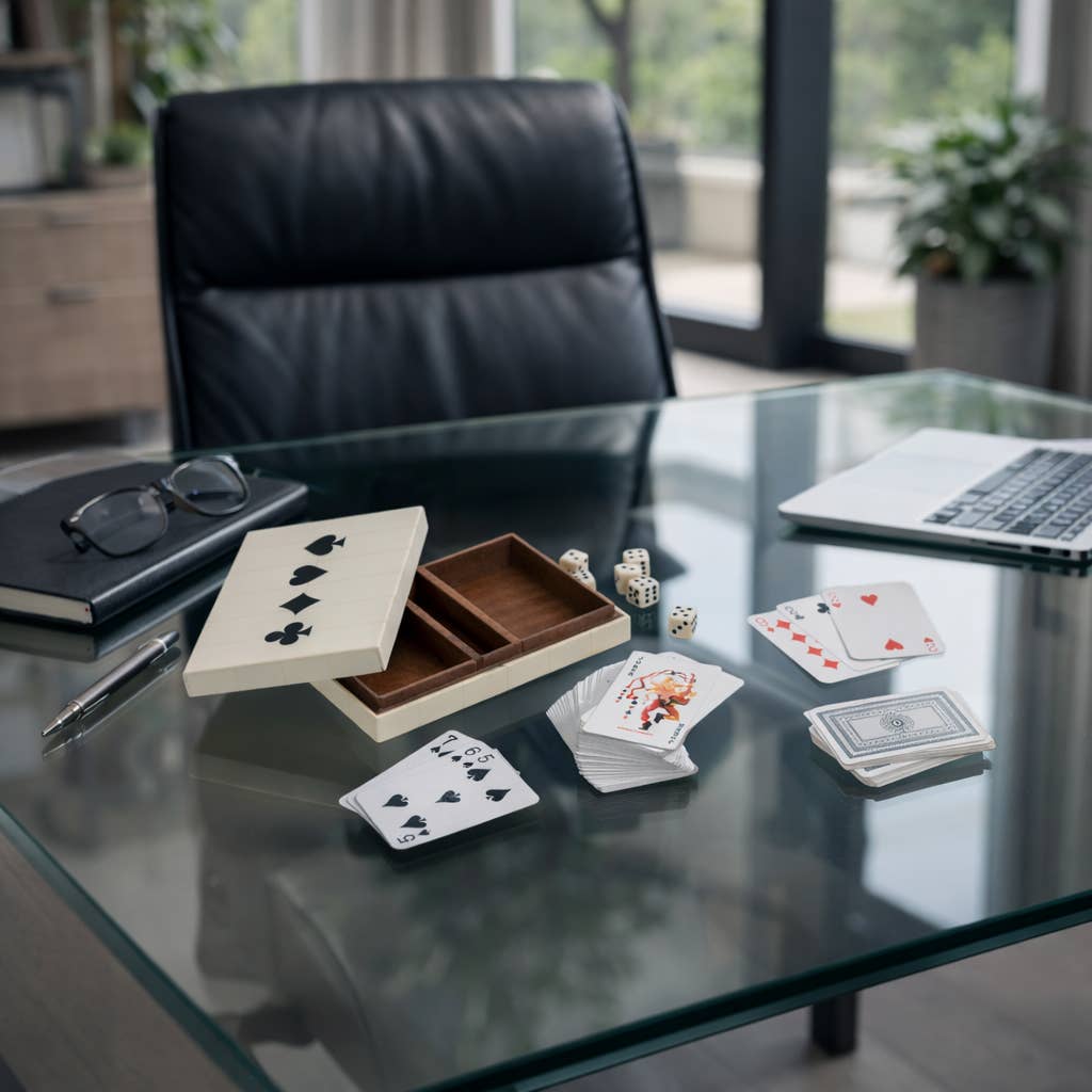 Table Game - White/Black Wood Casual Cards & Dice Box, 7 in.