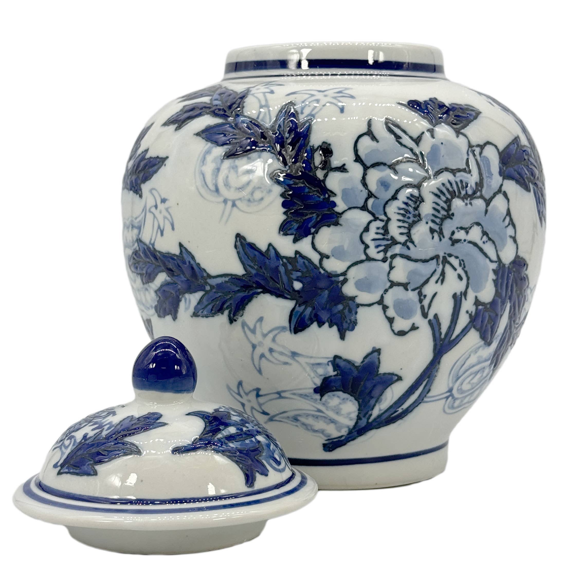 Classic Blue & White Floral Ceramic Ginger Jar 10"