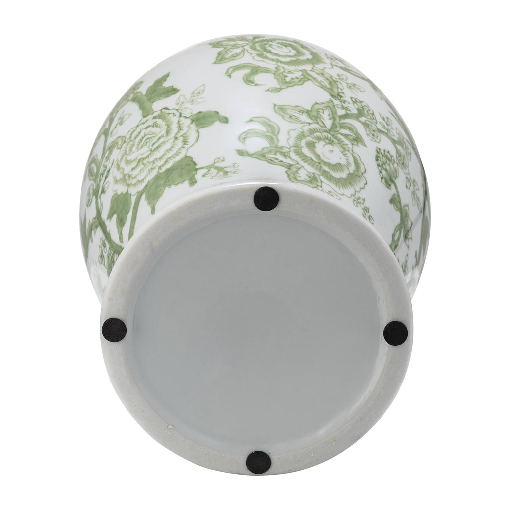 Green and White Round Floral Chinoiserie Jar, 14 in.