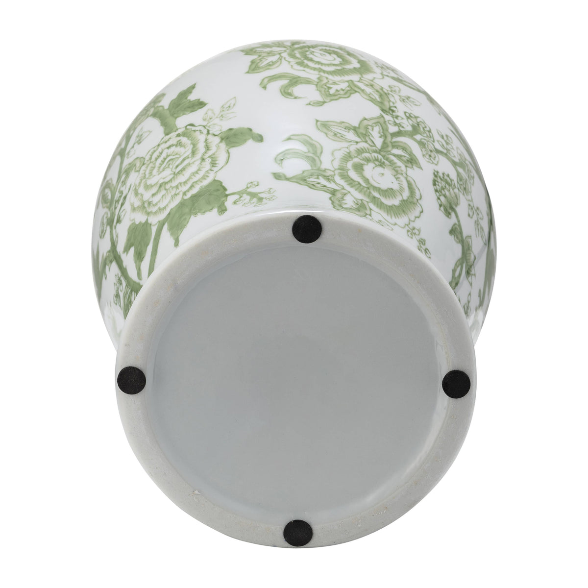 Green and White Round Floral Chinoiserie Jar, 14 in.