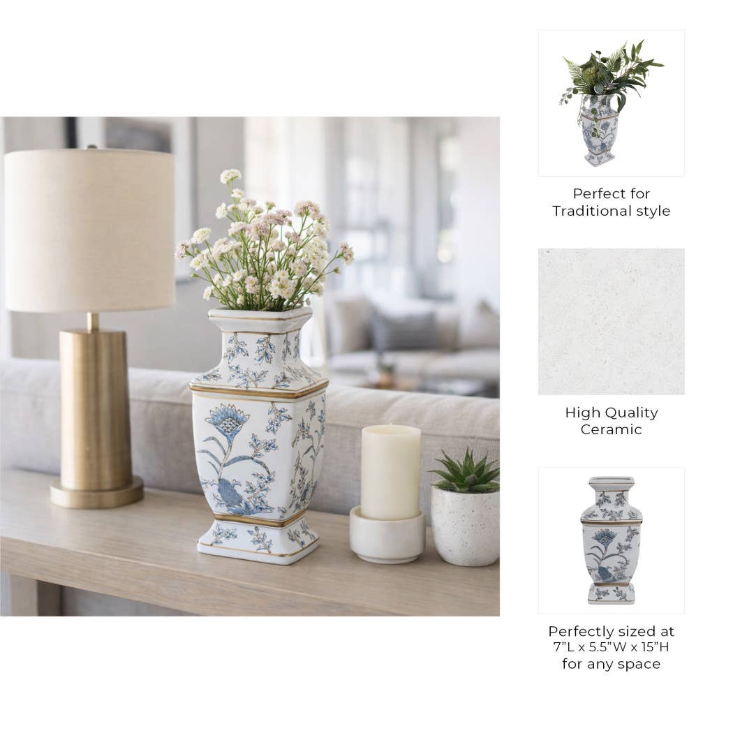 Blue and Brown Floral Chinoiserie Ceramic Vase, 15 in.