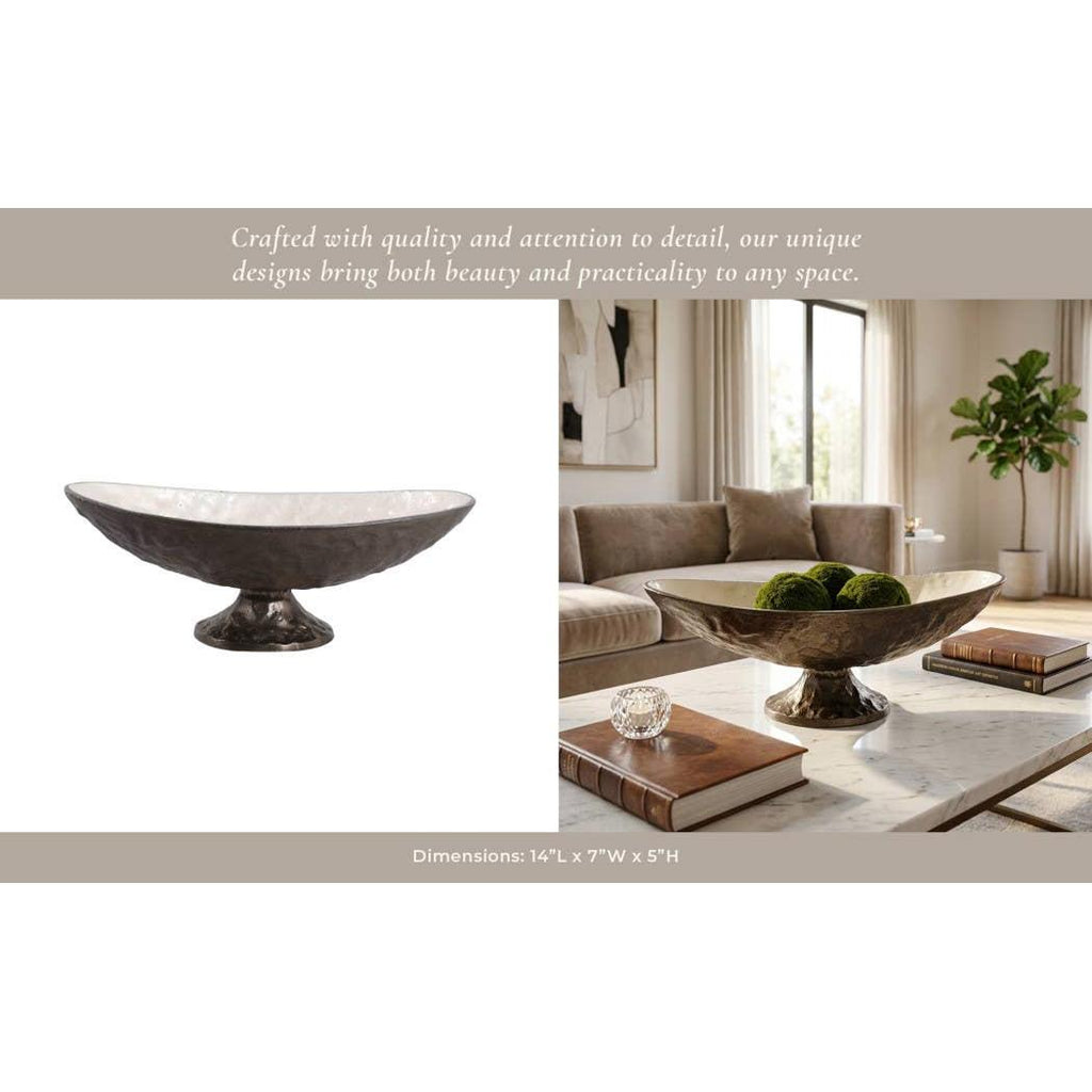 Decorative Bowl - Gold and Bronze Metal Oval Pedestal, 14 in