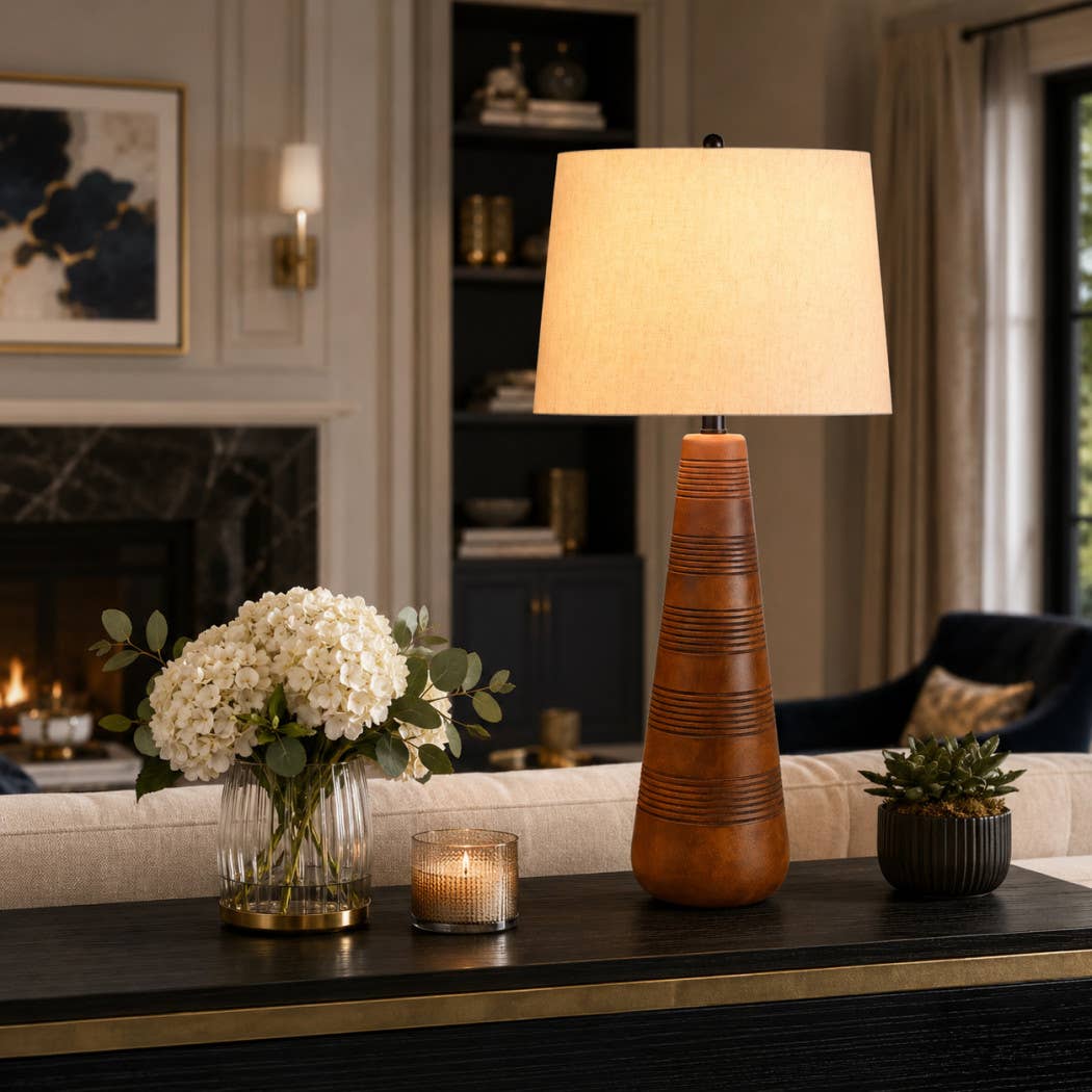 Table Lamp - Brown Iron and Modern Wood Tapered Base, 29 in.