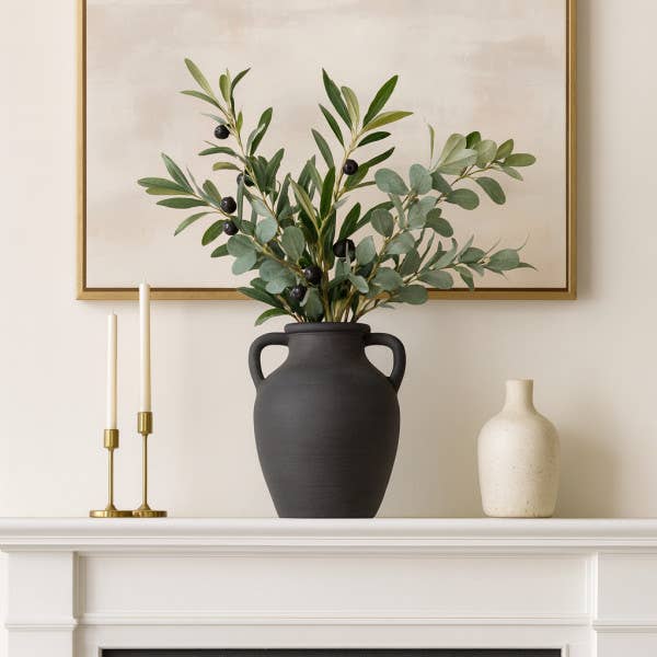 Decorative Vase - Black Terracotta with Handles, 13 in.