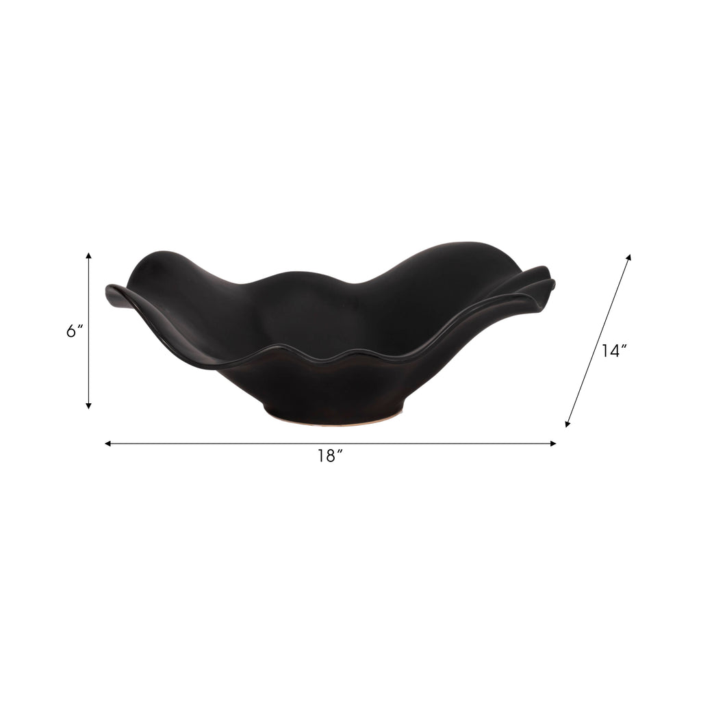 Bowl - Black Ceramic Ruffled Edge Matte Finish, 18 in.