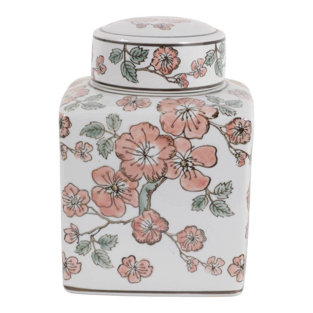 White and Pink Cherry Blossom Ceramic Jar, 9 in.