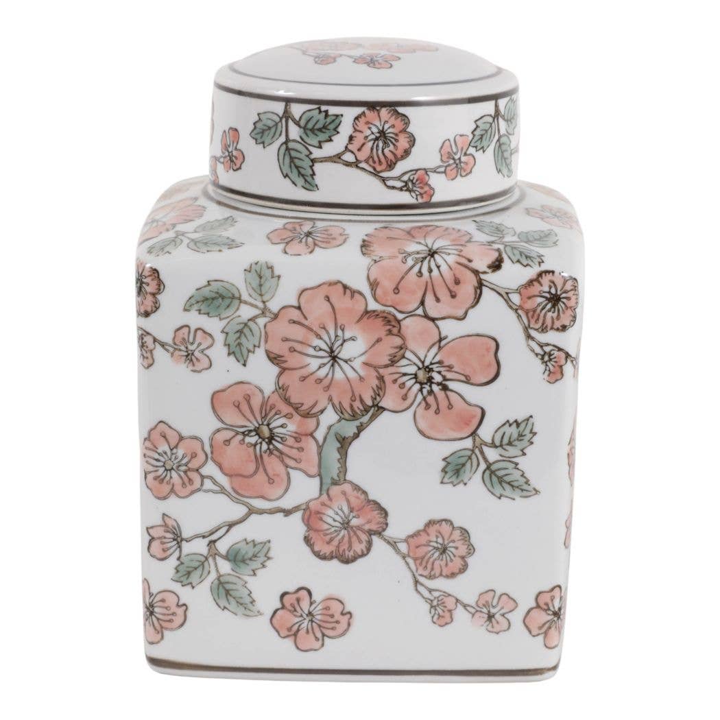 White and Pink Cherry Blossom Ceramic Jar, 9 in.