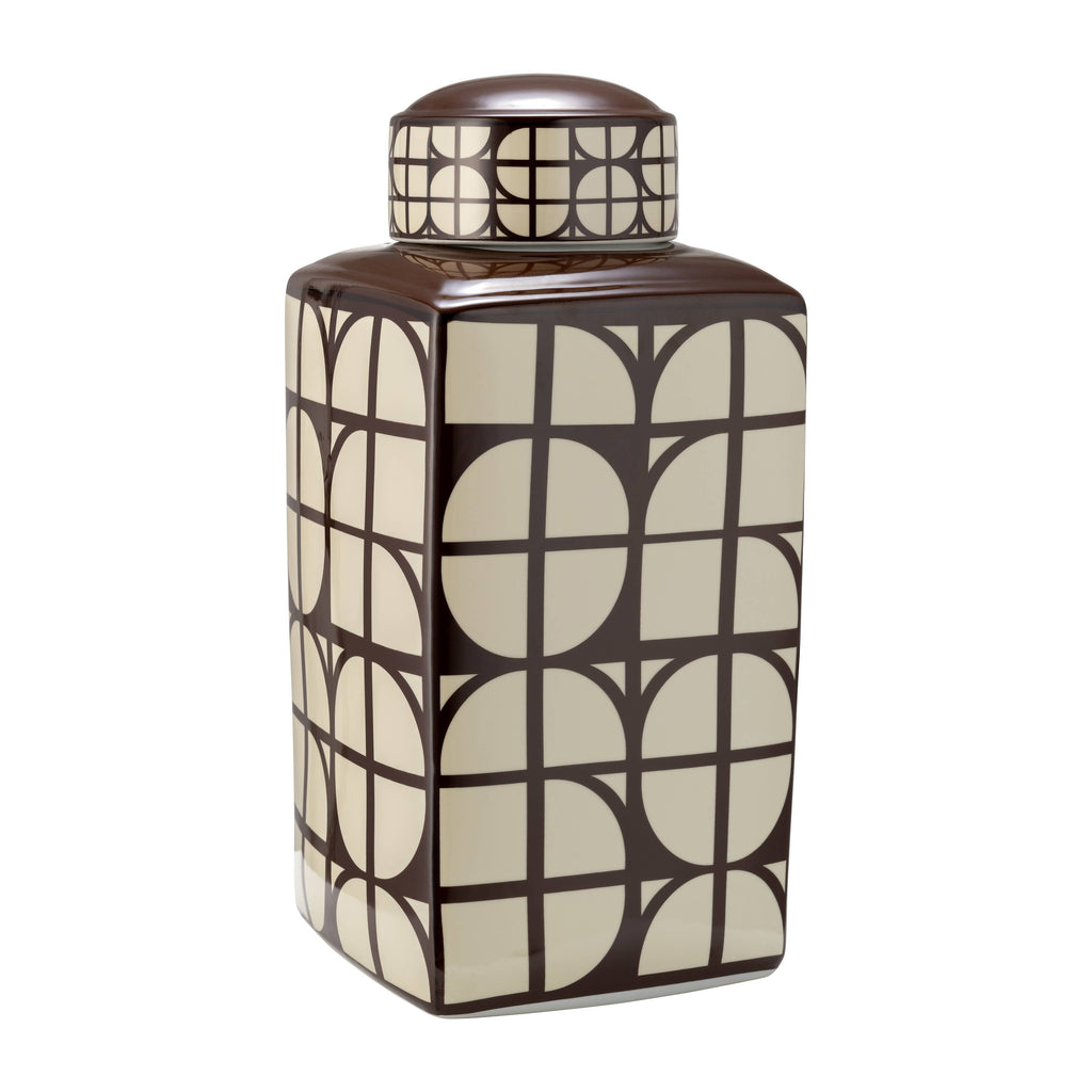 Brown Square Ceramic Decorative Jar with Lid, 18 in.