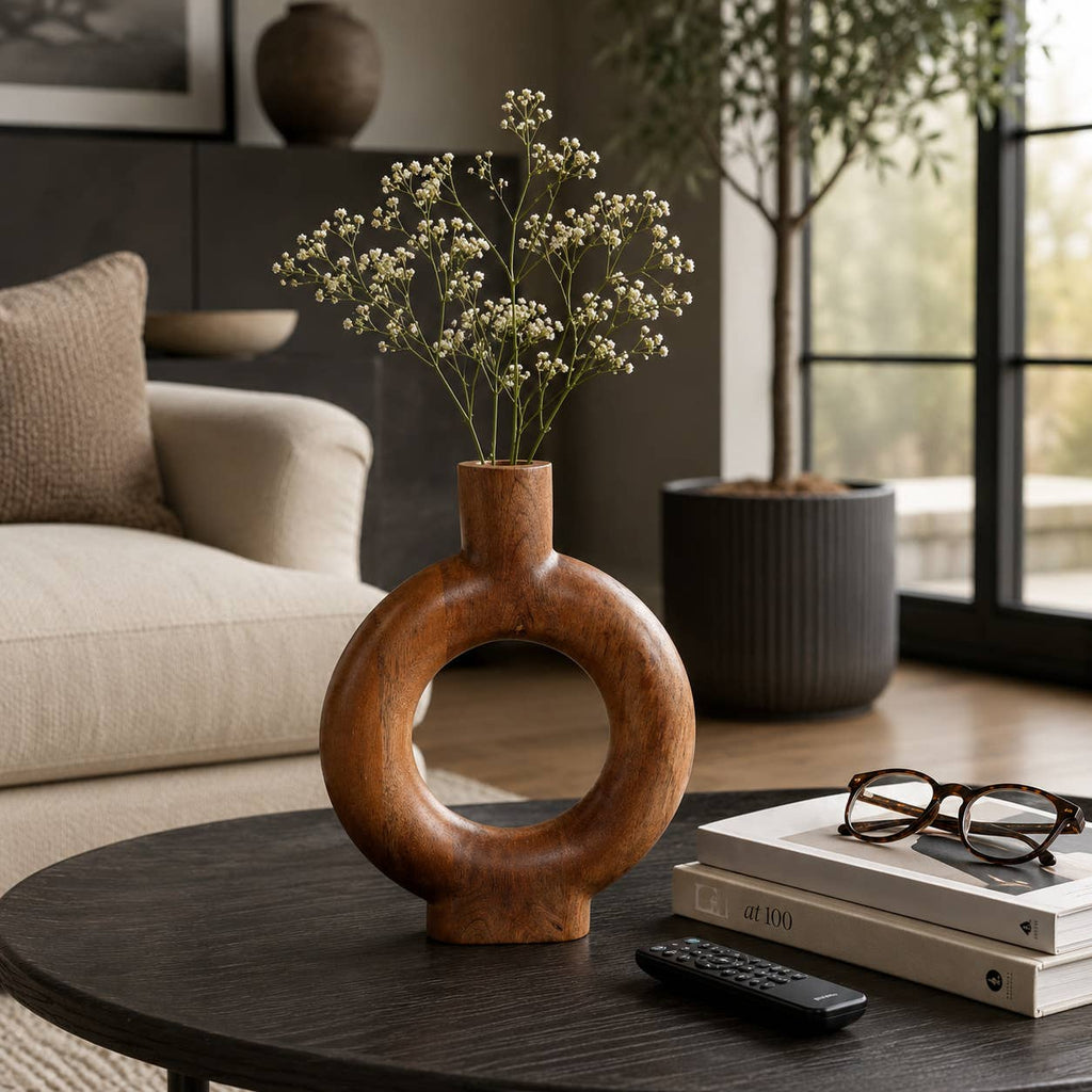 Decorative Vase - Brown Wood Circular Donut Cut-Out, 12 in.