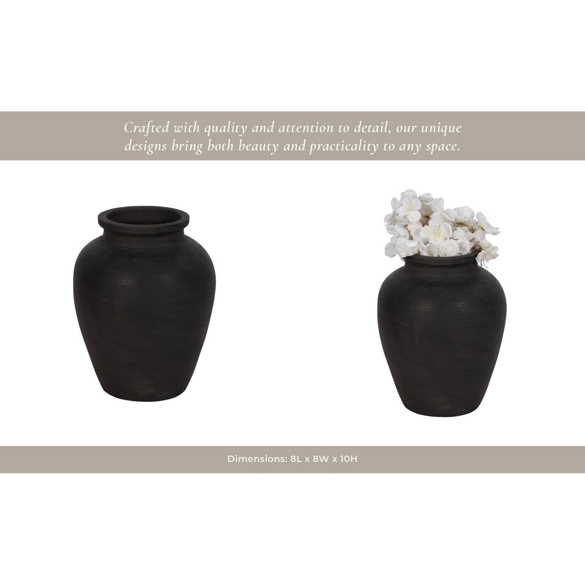 Ceramic Traditional Round Jug Vase - Black, 10 in.