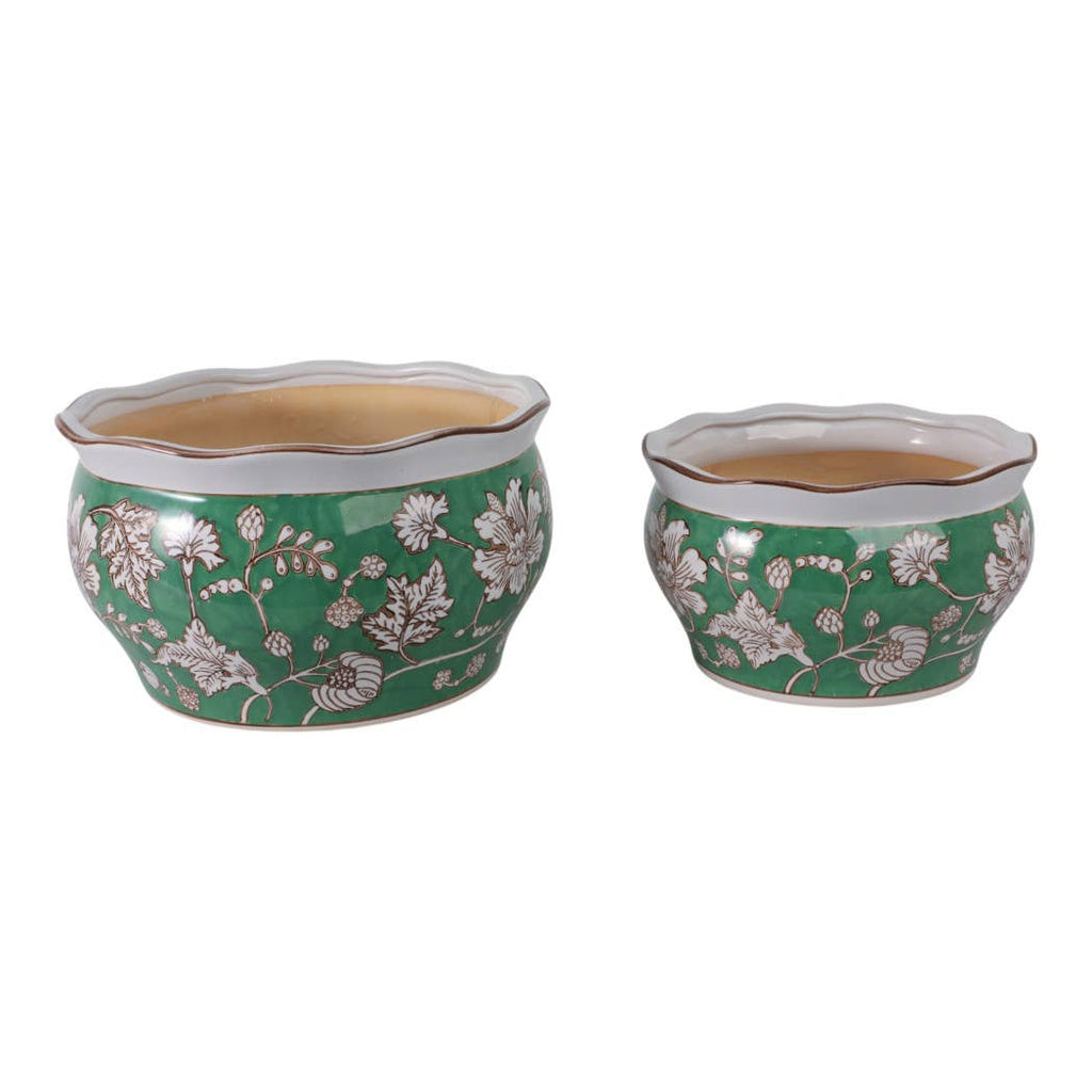 Planters Set of 2 - Green Ceramic Floral Vines, 10/12 in.