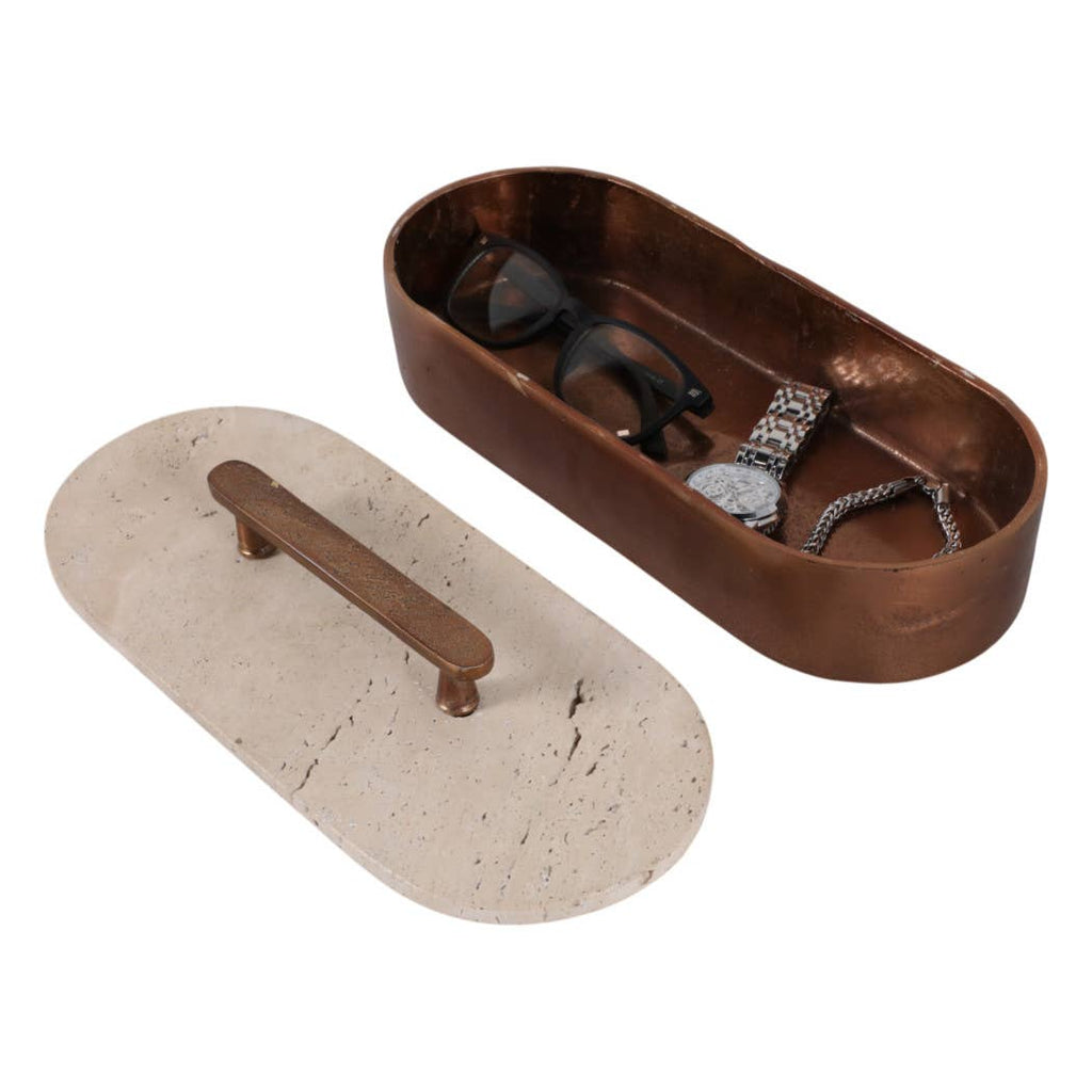 Decorative Box - Tan/Bronze Travertine Oval with Lid, 12 in.