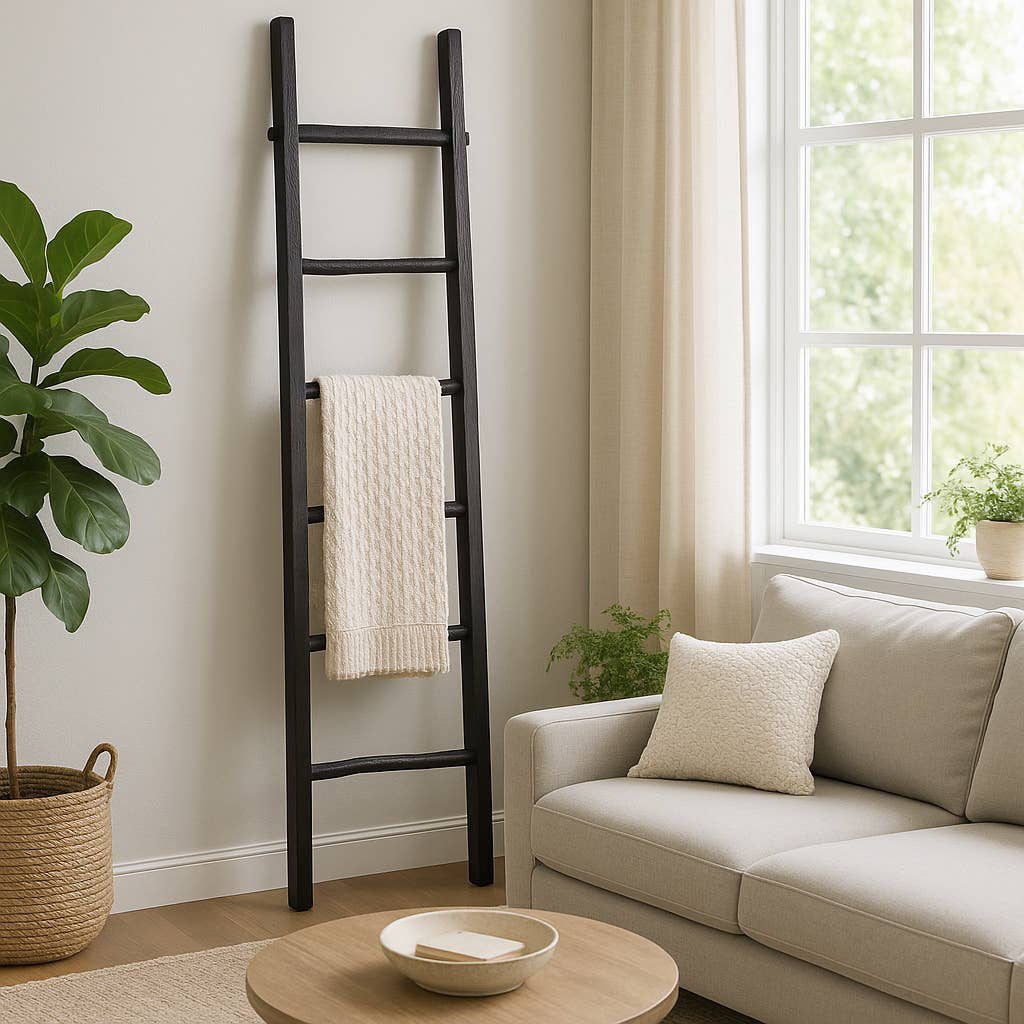 Wood Freestanding Decorative Blanket Ladder - Black, 76 in.