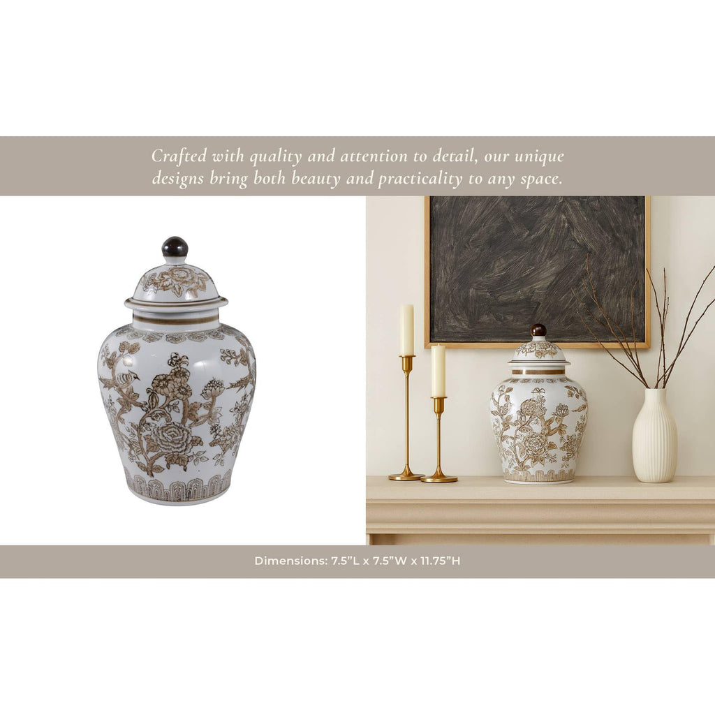Temple Jar - Brown/White Ceramic Chinoiserie Bird, 12 in.