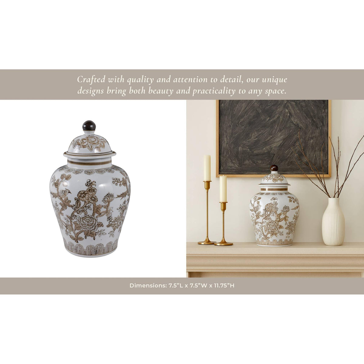 Temple Jar - Brown/White Ceramic Chinoiserie Bird, 12 in.