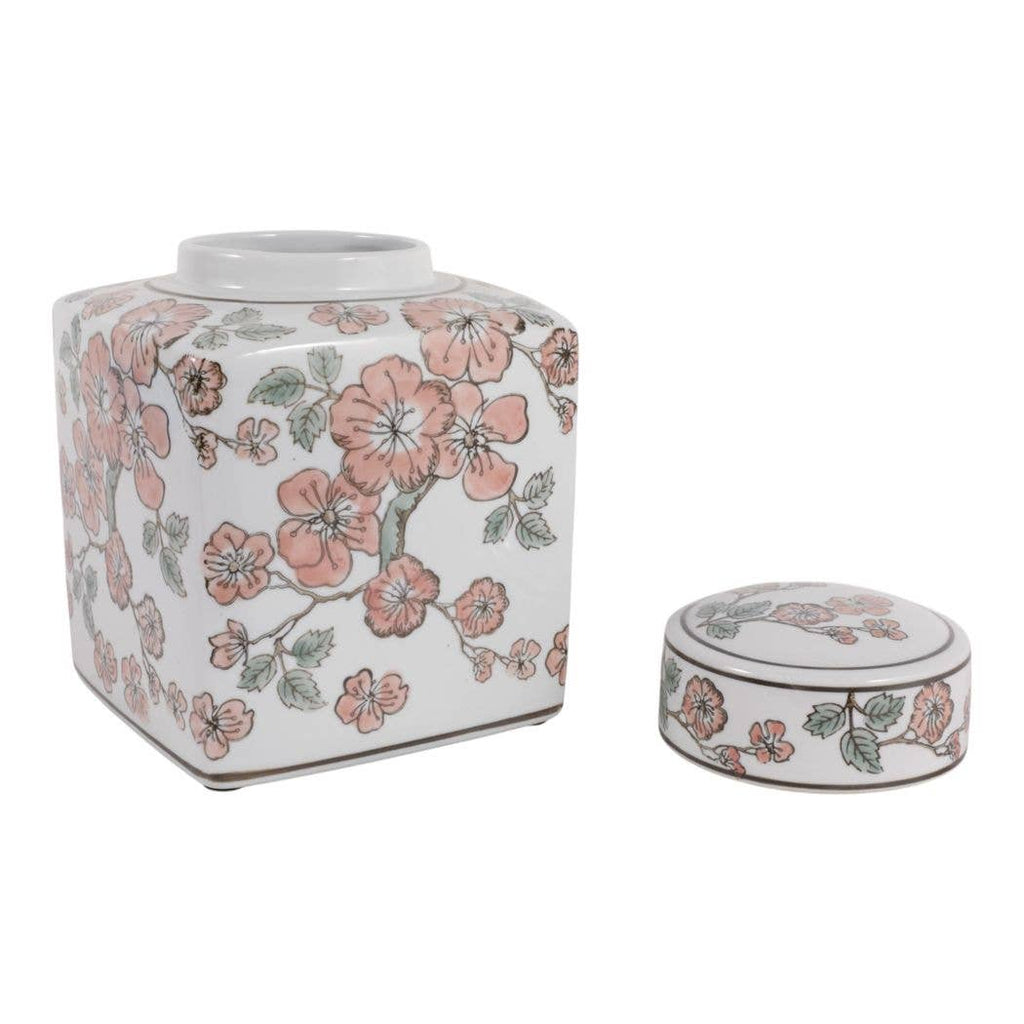 White and Pink Cherry Blossom Ceramic Jar, 9 in.