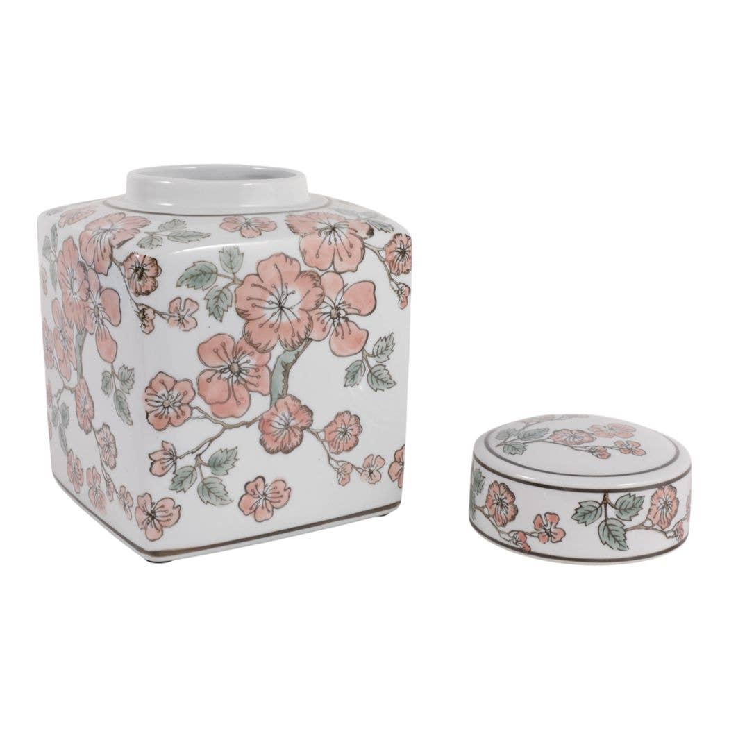 White and Pink Cherry Blossom Ceramic Jar, 9 in.