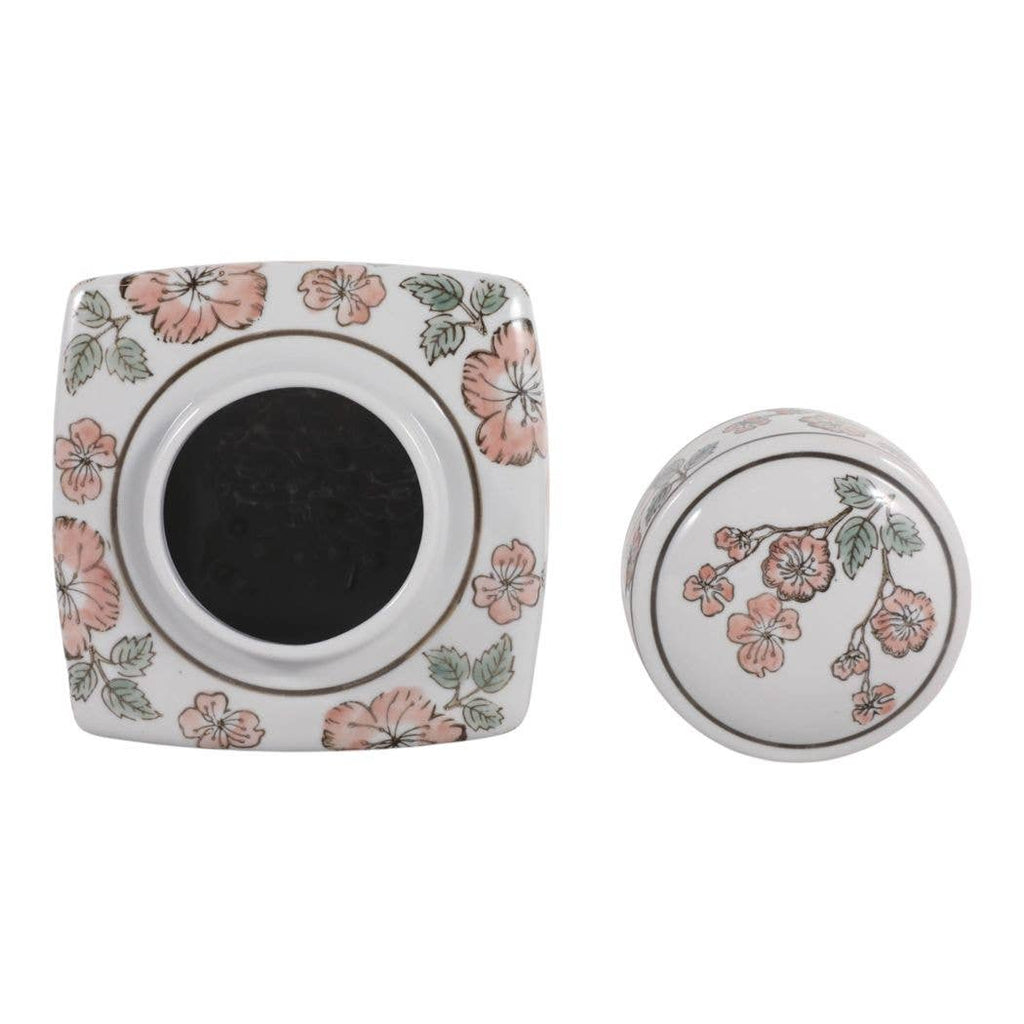 White and Pink Cherry Blossom Ceramic Jar, 9 in.