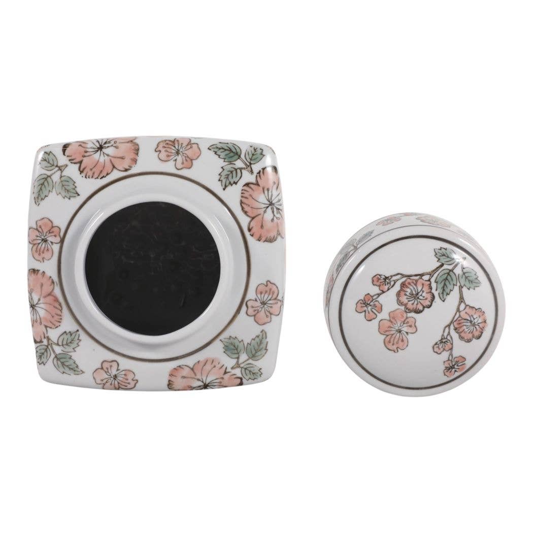 White and Pink Cherry Blossom Ceramic Jar, 9 in.