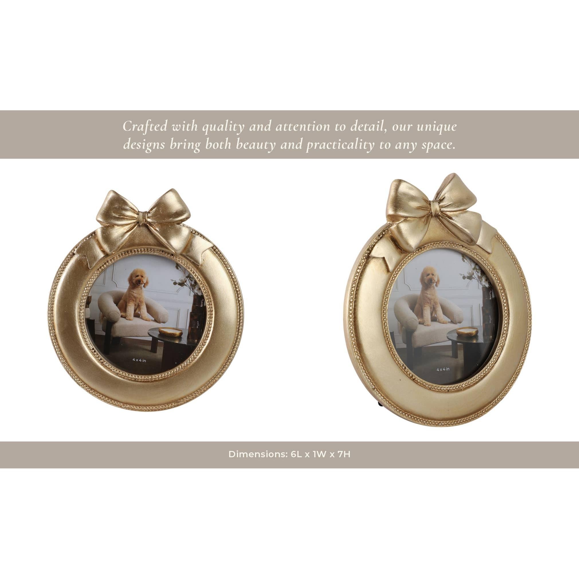 Photo Frame - Gold Polyresin Round with Bow, 4x4 in.