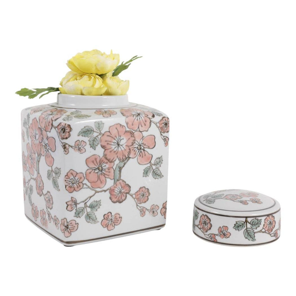 White and Pink Cherry Blossom Ceramic Jar, 9 in.