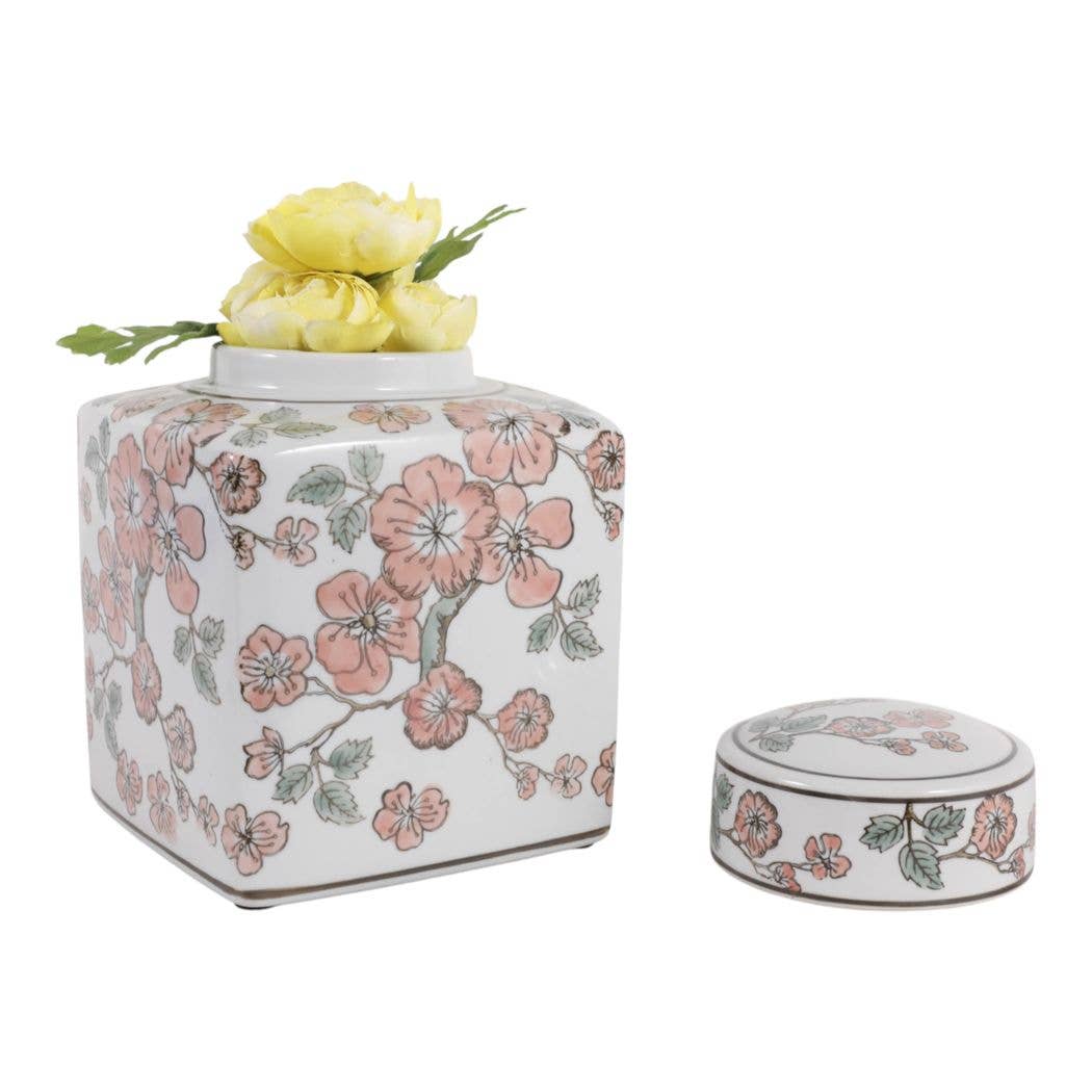 White and Pink Cherry Blossom Ceramic Jar, 9 in.