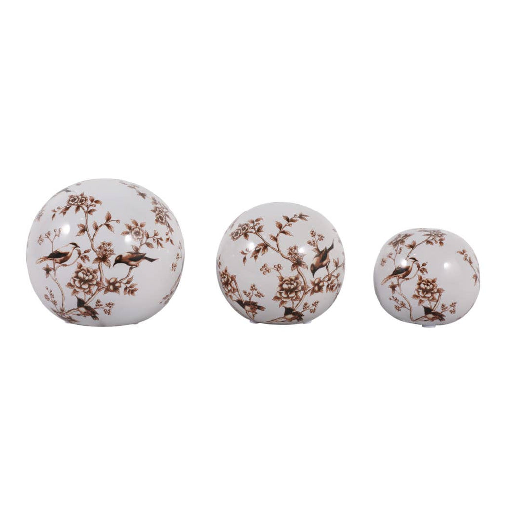 Objects Set of 3 - Brown/White Ceramic Birds Orbs, 4/5/6 in.