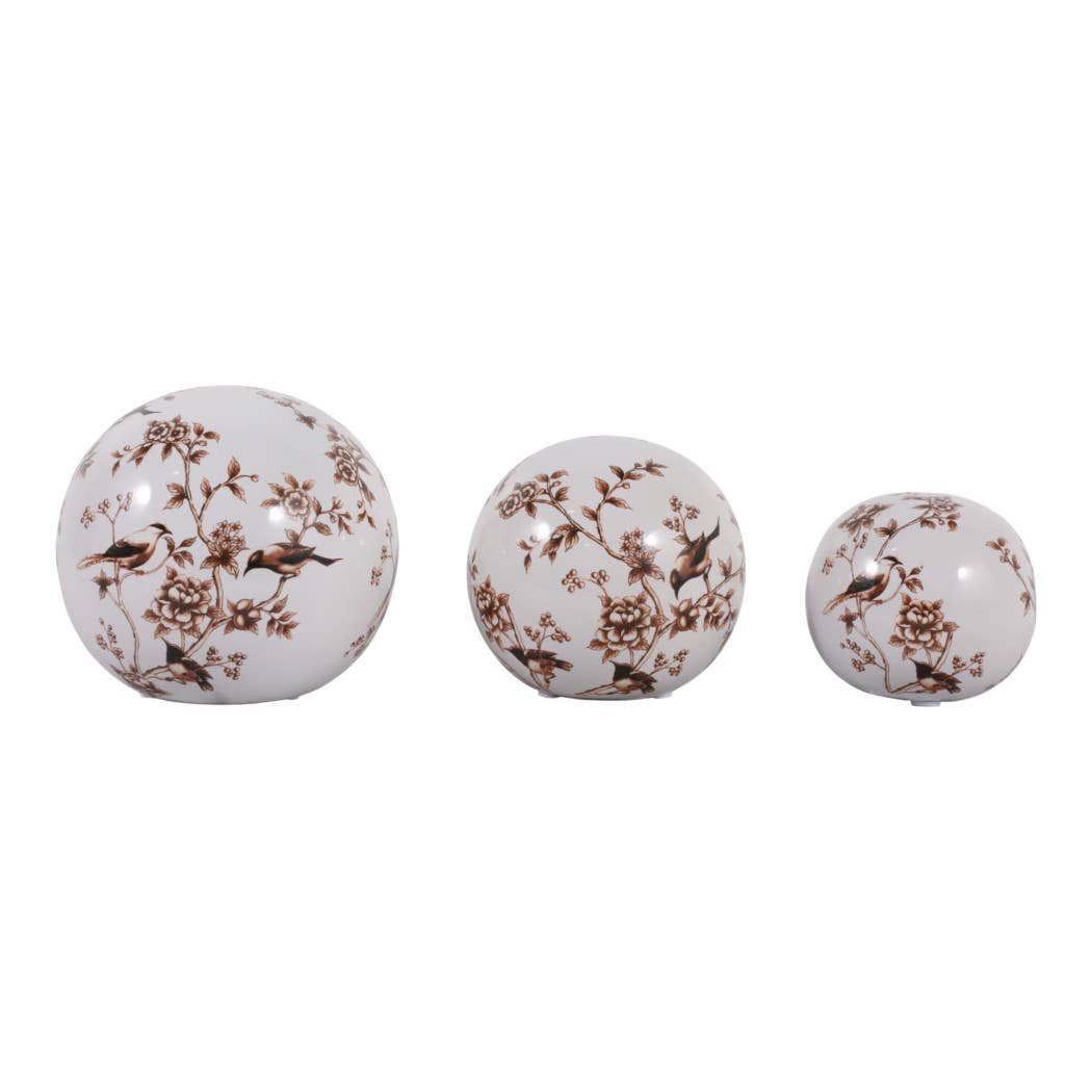 Objects Set of 3 - Brown/White Ceramic Birds Orbs, 4/5/6 in.