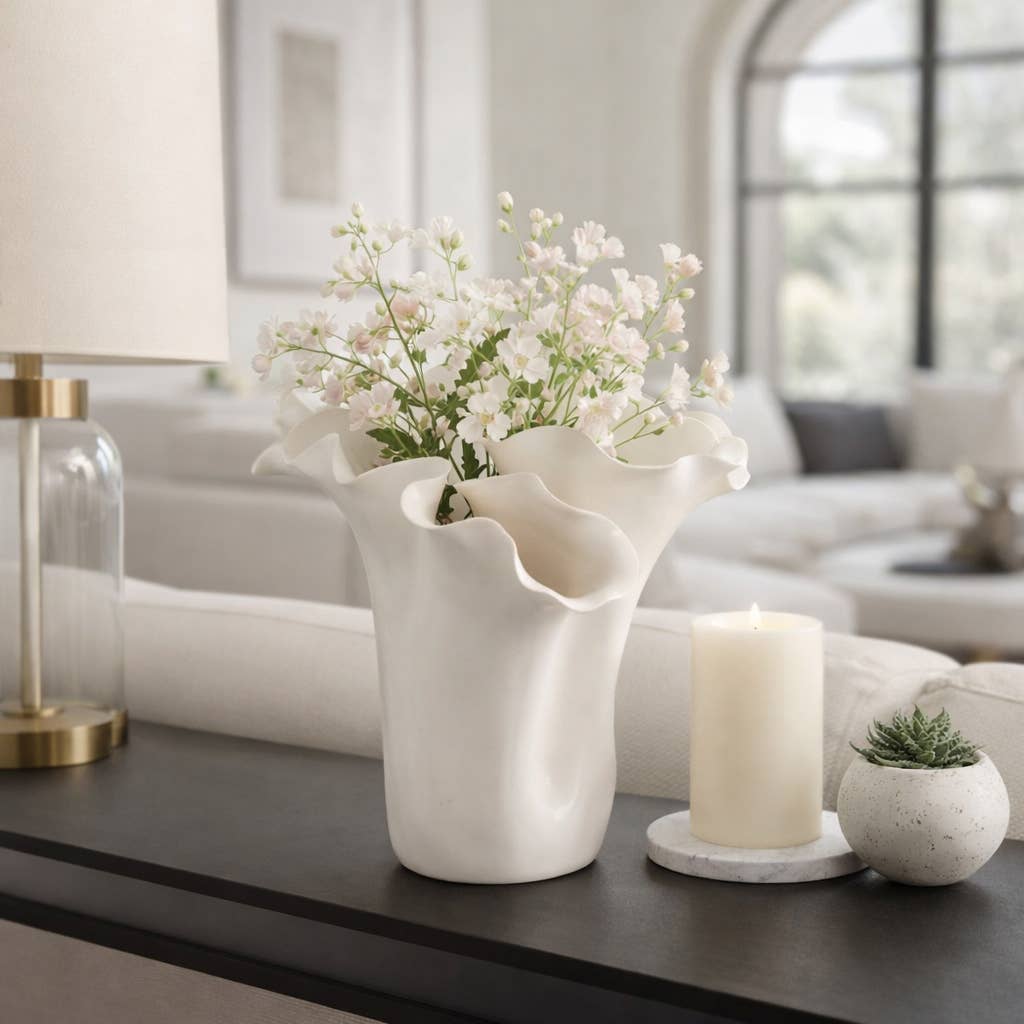 White Ruffled Ceramic Vase, 11 in.