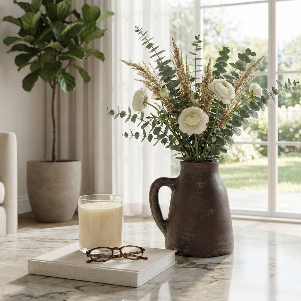 Decorative Vase - Brown Ceramic Handmade with Handle, 8 in.