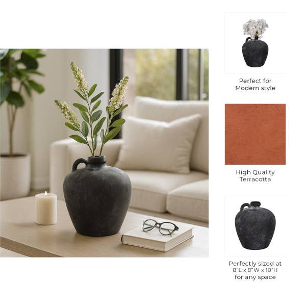 Decorative Vase - Black Weathered Terracotta Jug Handle, 10 in.