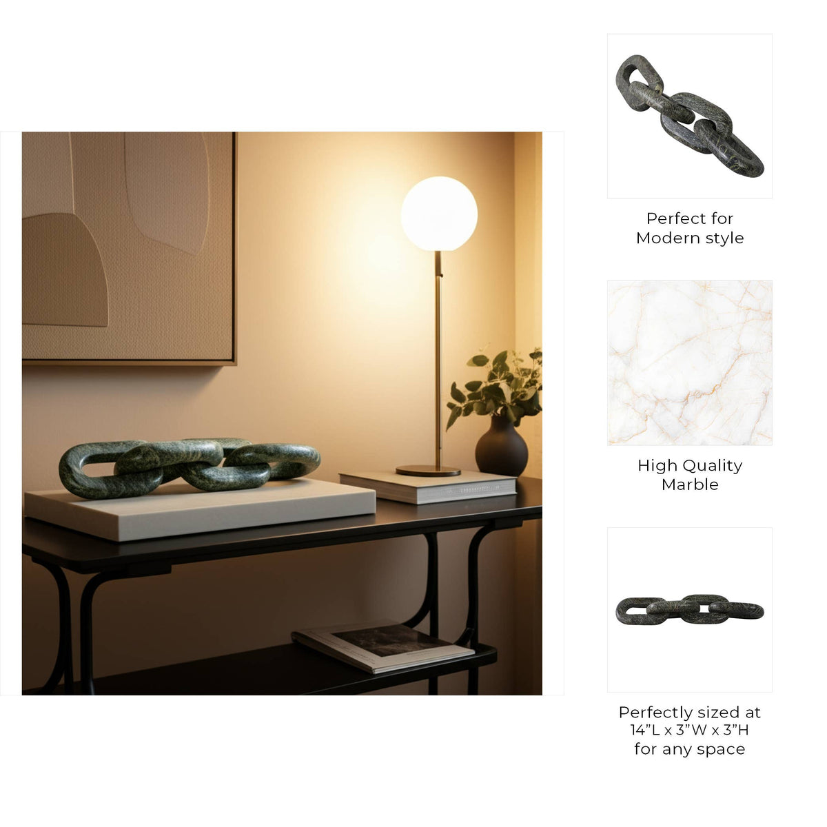 Marble Modern Four-Link Chain Sculpture - Green, 14 in.
