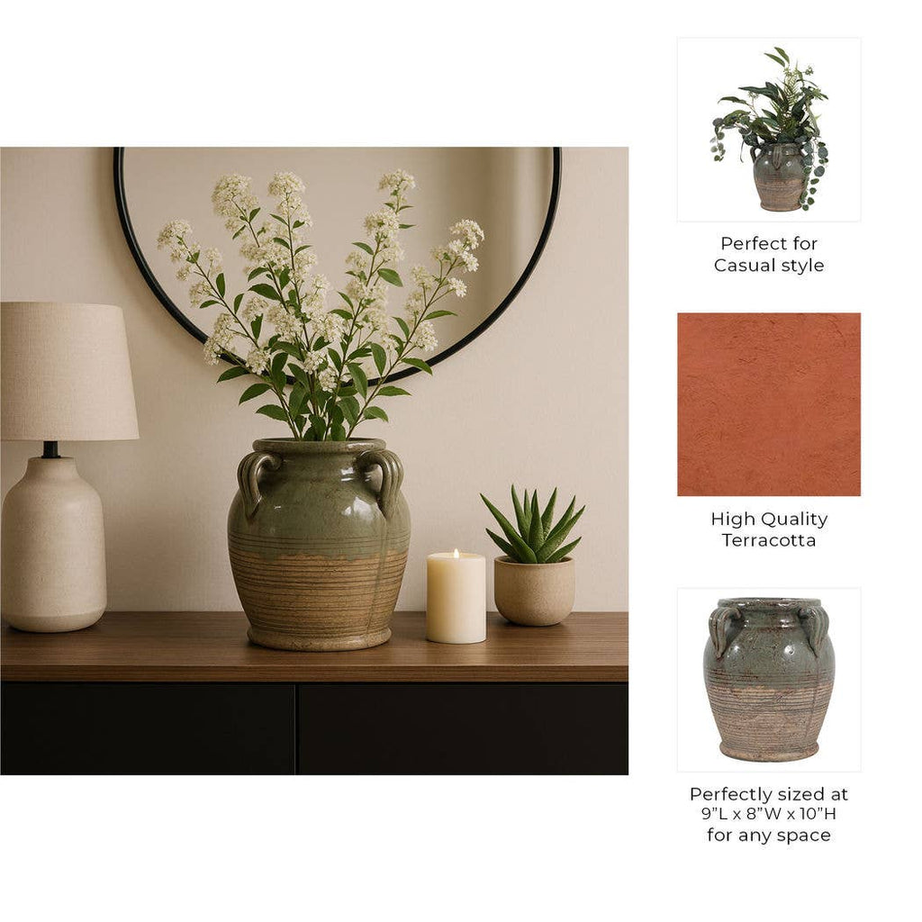 Decorative Vase - Green Ceramic Amphora with Handles, 9 in.