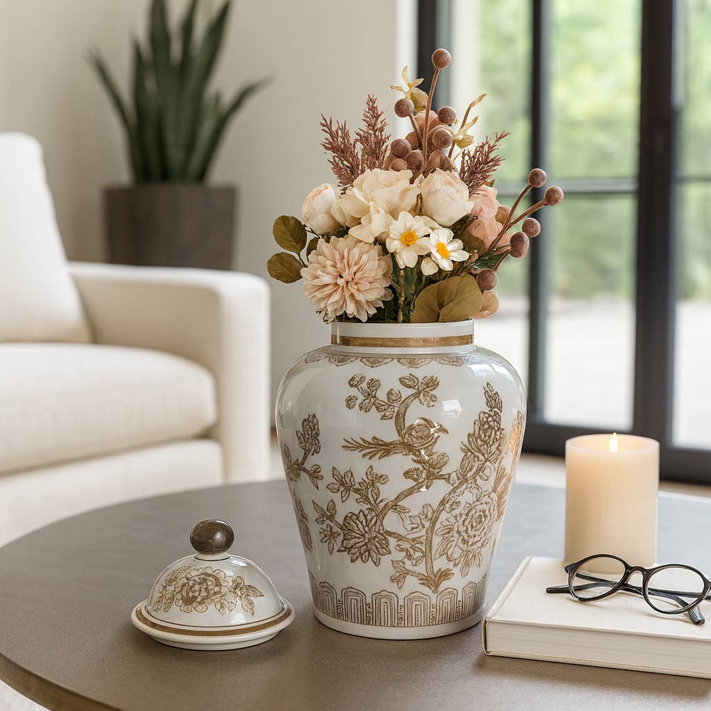 Temple Jar - Brown/White Ceramic Chinoiserie Bird, 12 in.