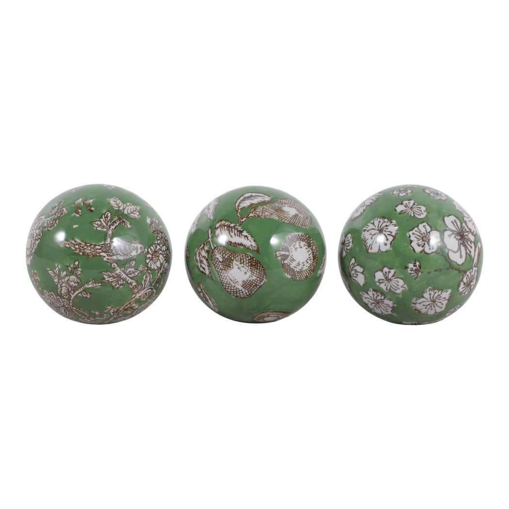 Objects Set of 3 - Green/White Ceramic Chinoiserie Orb, 5 in.