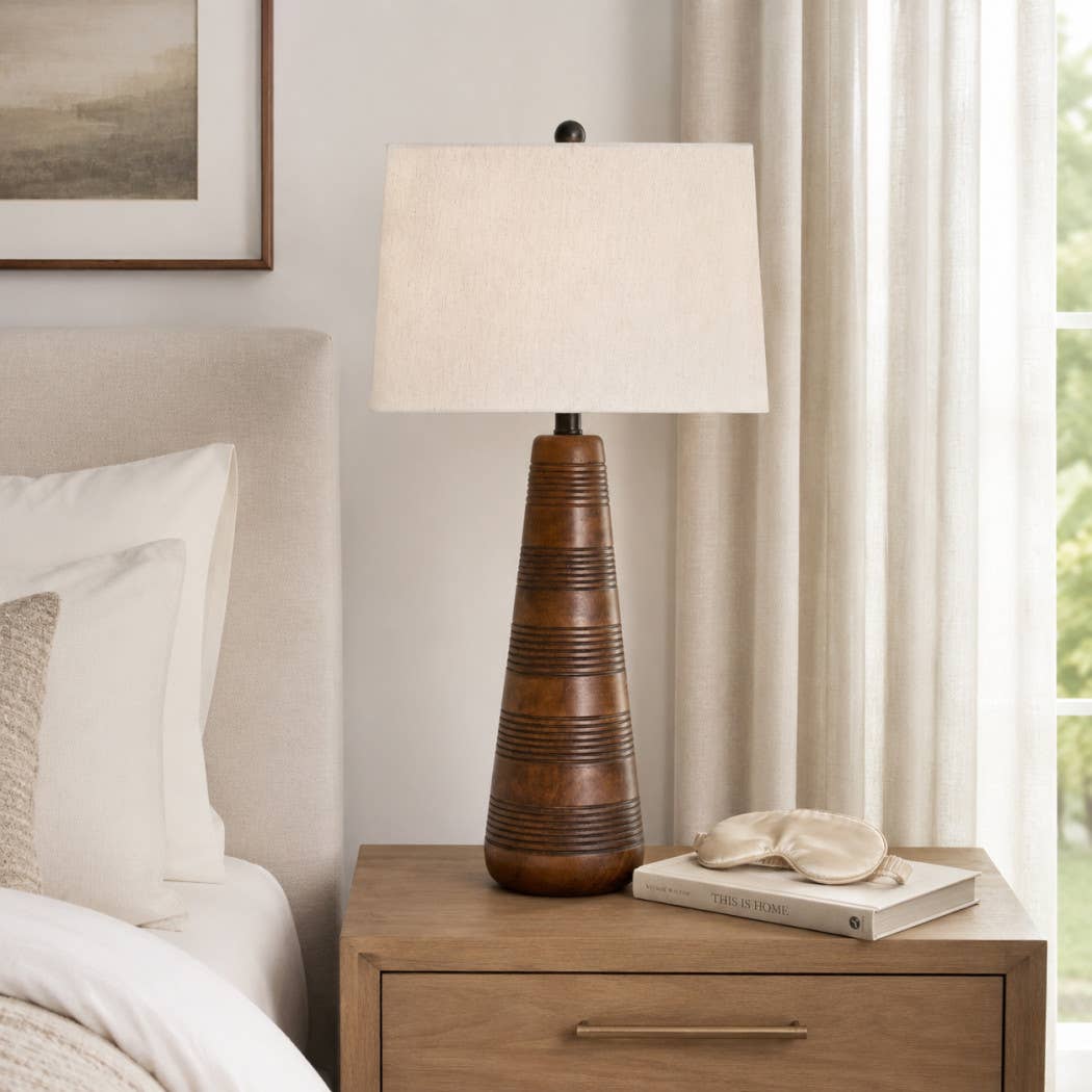 Table Lamp - Brown Iron and Modern Wood Tapered Base, 29 in.