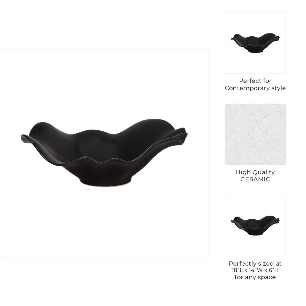 Bowl - Black Ceramic Ruffled Edge Matte Finish, 18 in.