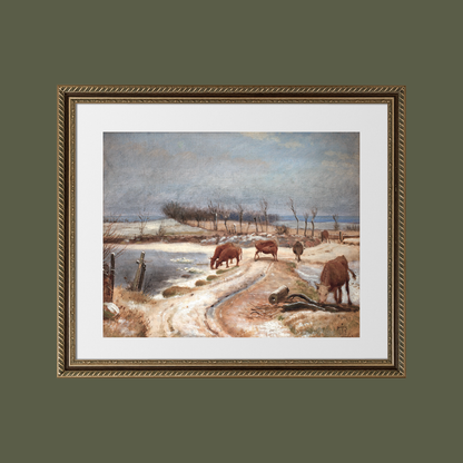 Cattle Watering on a Winter Day Antique Art Print