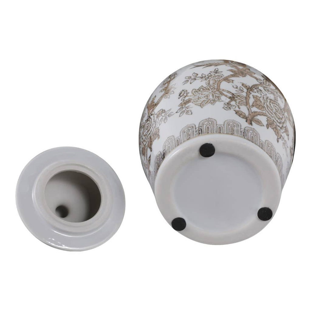 Temple Jar - Brown/White Ceramic Chinoiserie Bird, 12 in.