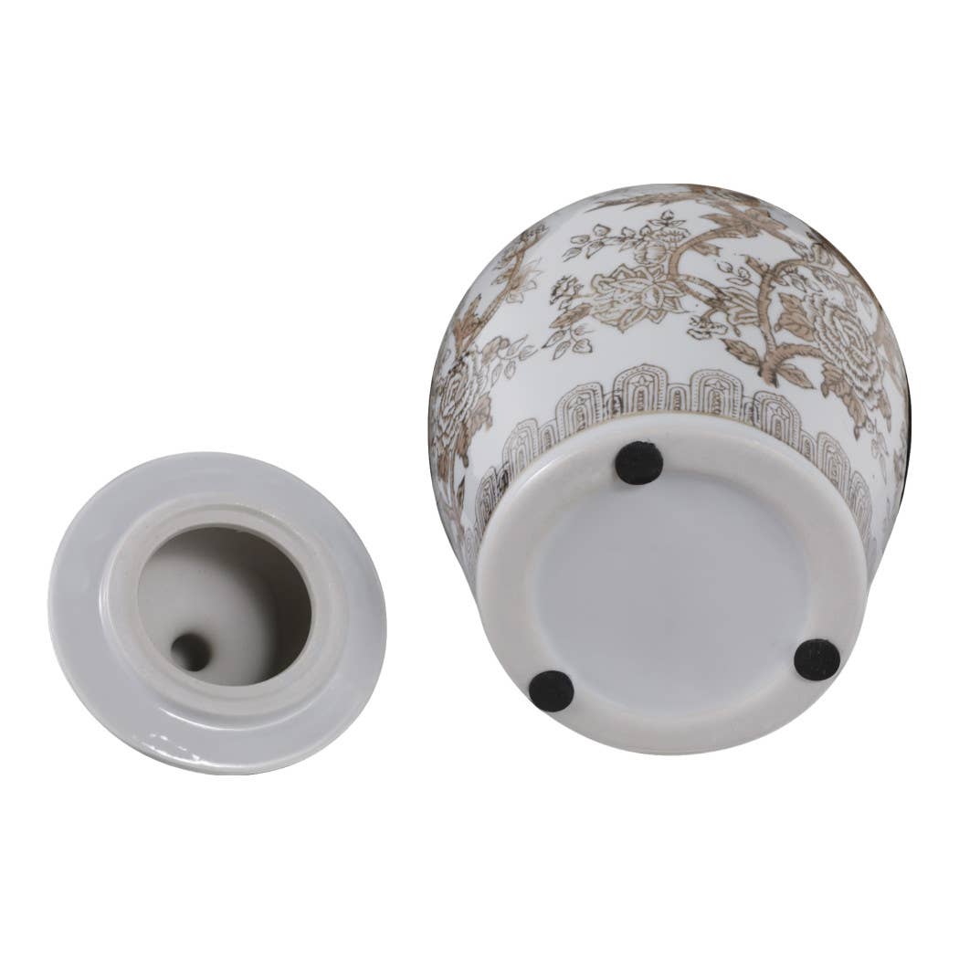 Temple Jar - Brown/White Ceramic Chinoiserie Bird, 12 in.
