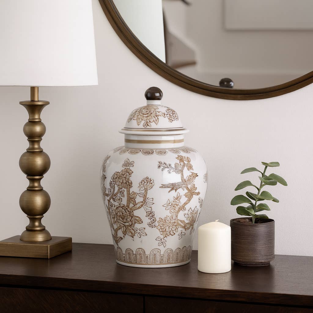 Temple Jar - Brown/White Ceramic Chinoiserie Bird, 12 in.