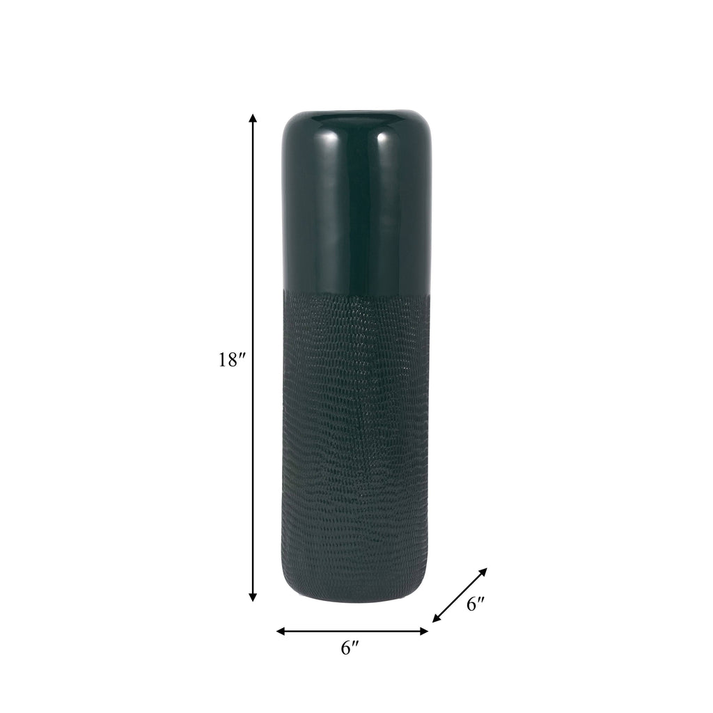 Green Grooved Ceramic Vase with Rounded Rim, 18 in.