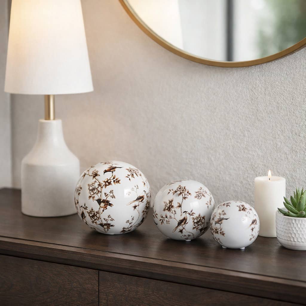 Objects Set of 3 - Brown/White Ceramic Birds Orbs, 4/5/6 in.