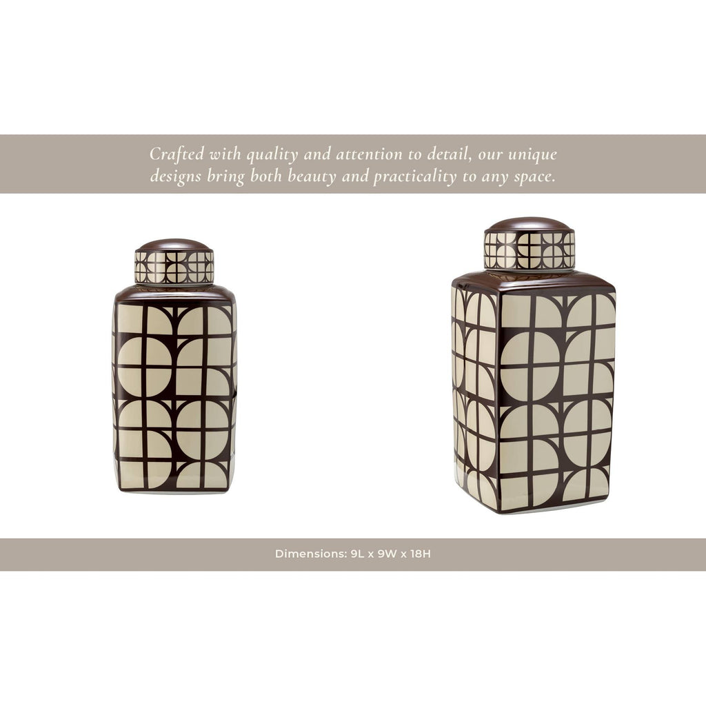 Brown Square Ceramic Decorative Jar with Lid, 18 in.
