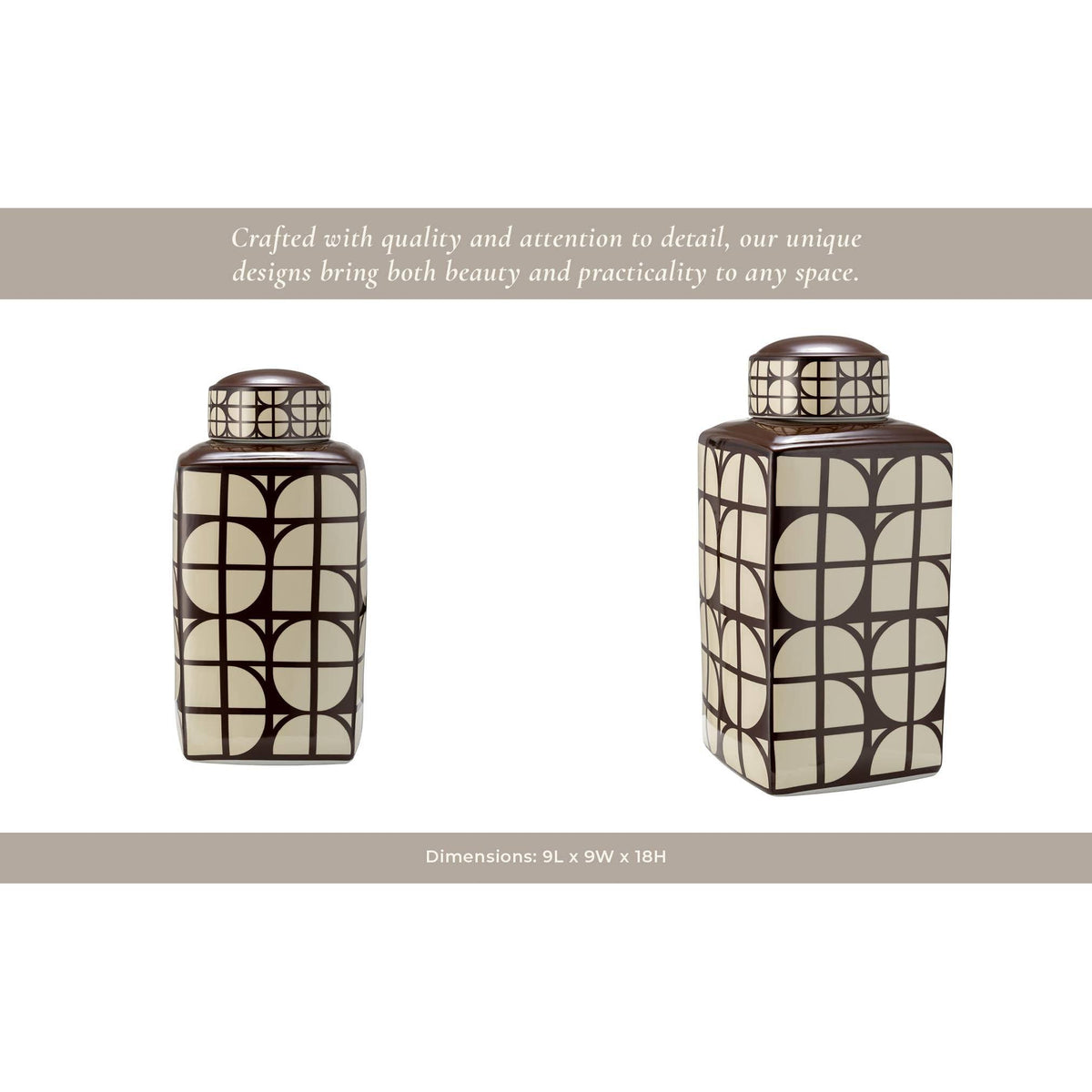 Brown Square Ceramic Decorative Jar with Lid, 18 in.
