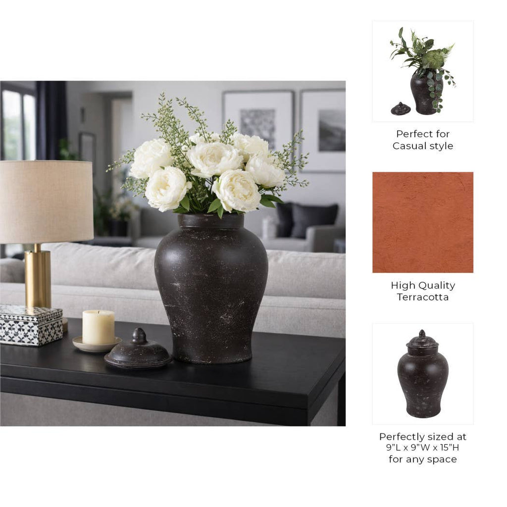 Decorative Jar - Brown Terracotta Tall with Lid, 15 in.
