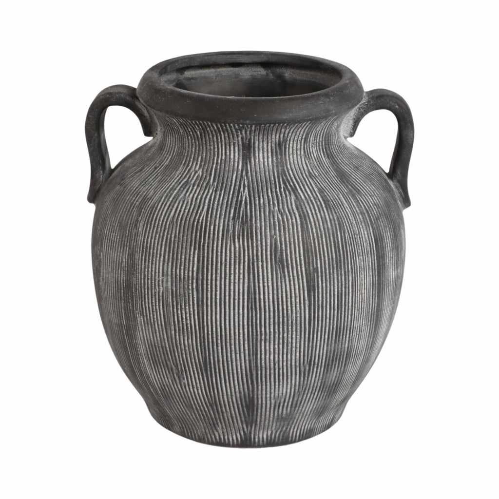 Black Ribbed Stoneware Vase with Handle, 10 in.