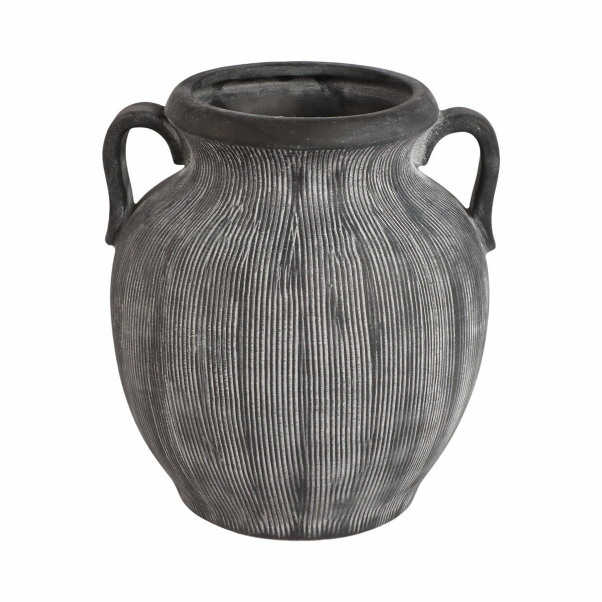 Black Ribbed Stoneware Vase with Handle, 10 in.